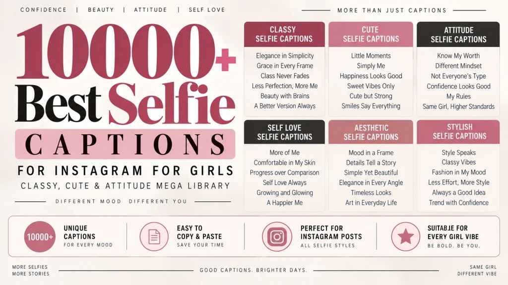 10000+ Best Selfie Captions for Instagram for Girls (Classy, Cute & Attitude Mega Library)